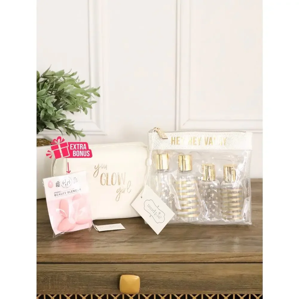 NWT Mud Pie Travel Bundle White “Hey Hey Vacay” Case + “You Glow Girl” Pouch